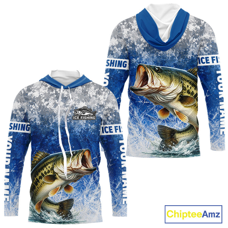 Ice Fishing Shirt With Largemouth Bass & Winter Camo Design, Fishing Shirts Hooded Long Sleeve