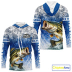 Ice Fishing Shirt With Largemouth Bass & Winter Camo Design, Fishing Shirts Hooded Long Sleeve