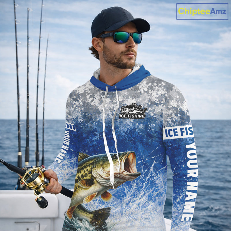 Ice Fishing Shirt With Largemouth Bass & Winter Camo Design, Fishing Shirts Hooded Long Sleeve