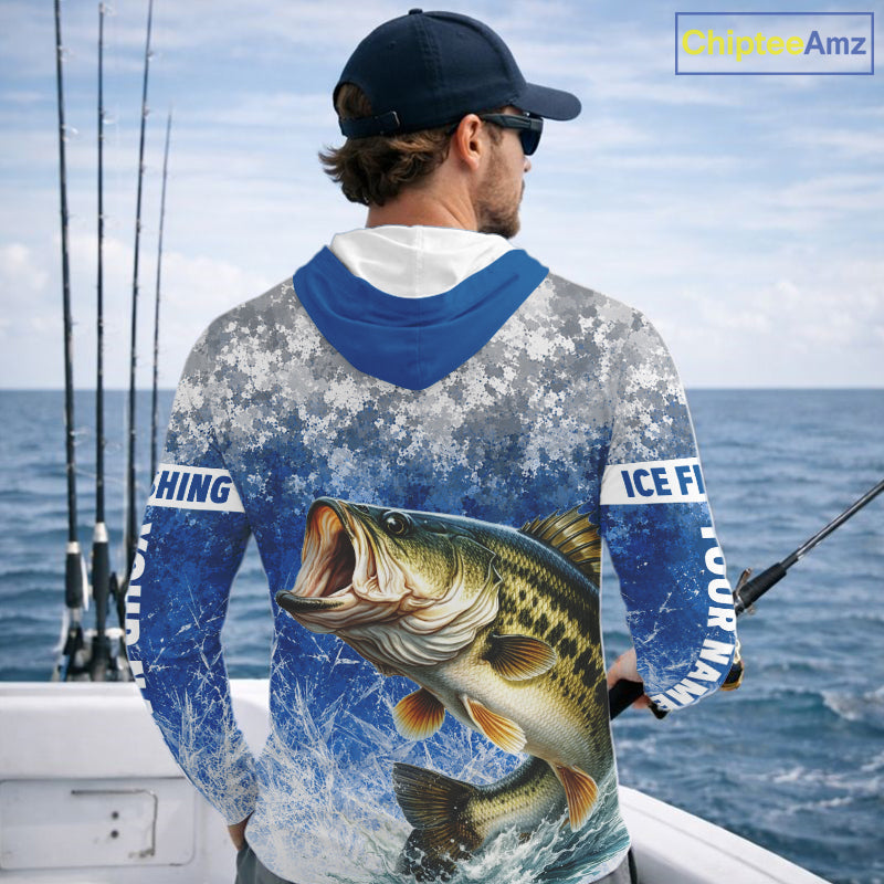 Ice Fishing Shirt With Largemouth Bass & Winter Camo Design, Fishing Shirts Hooded Long Sleeve