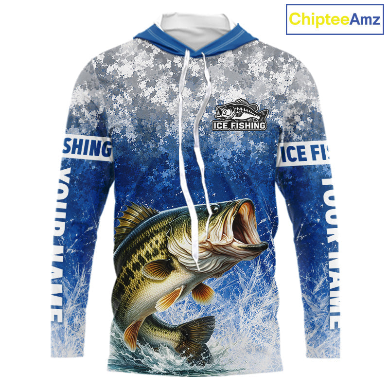 Ice Fishing Shirt With Largemouth Bass & Winter Camo Design, Fishing Shirts Hooded Long Sleeve