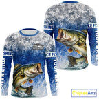 Ice Fishing Shirt With Largemouth Bass & Winter Camo Design, Fishing Shirts Long Sleeve