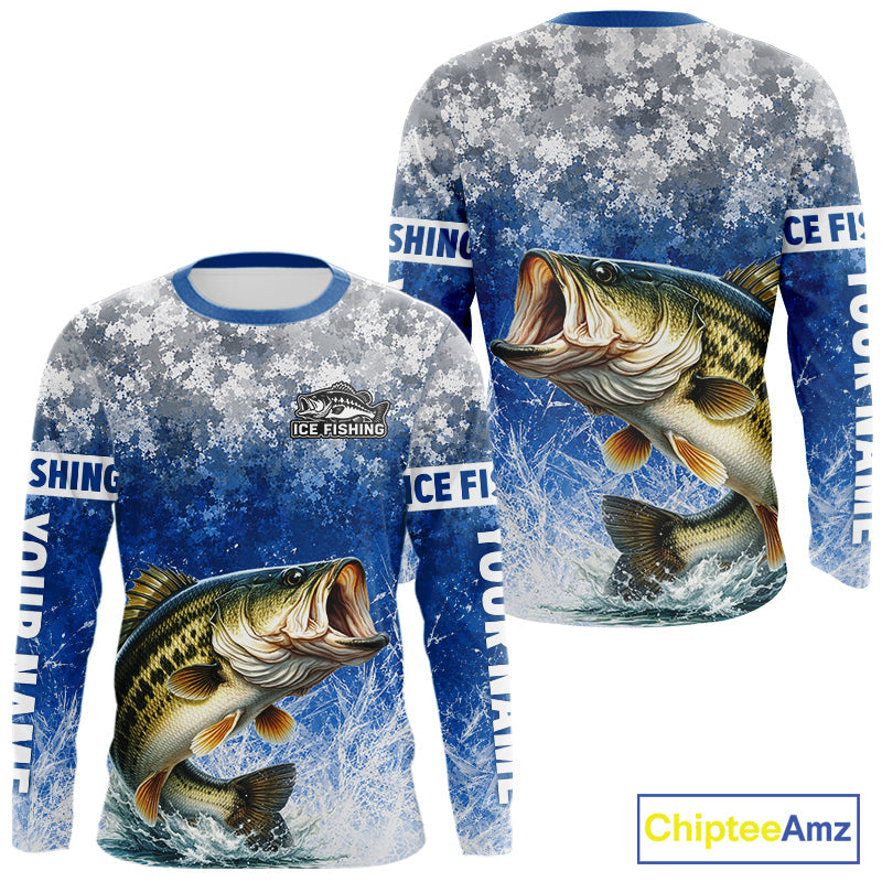 Ice Fishing Shirt With Largemouth Bass & Winter Camo Design, Fishing Shirts Long Sleeve