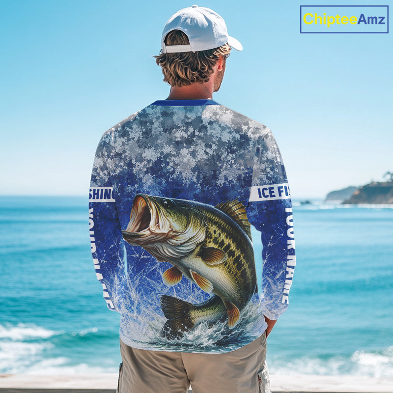 Ice Fishing Shirt With Largemouth Bass & Winter Camo Design, Fishing Shirts Long Sleeve