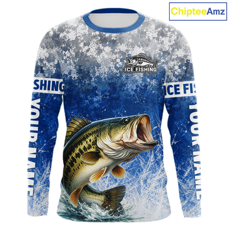 Ice Fishing Shirt With Largemouth Bass & Winter Camo Design, Fishing Shirts Long Sleeve