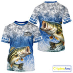 Ice Fishing Shirt With Largemouth Bass & Winter Camo Design, Fishing Shirts Short Sleeve
