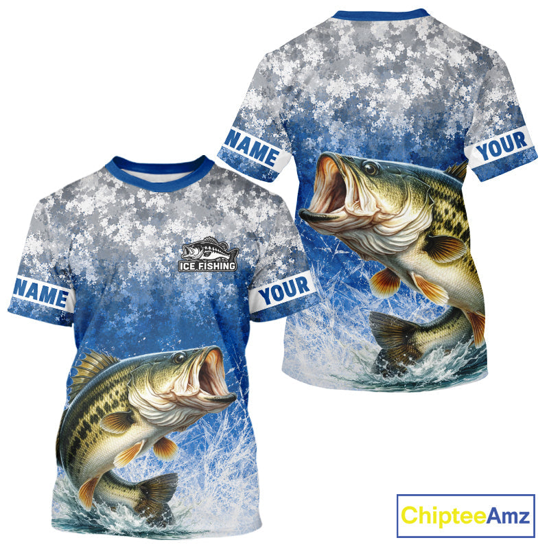 Ice Fishing Shirt With Largemouth Bass & Winter Camo Design, Fishing Shirts Short Sleeve