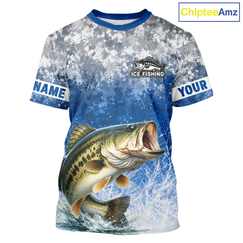 Ice Fishing Shirt With Largemouth Bass & Winter Camo Design, Fishing Shirts Short Sleeve