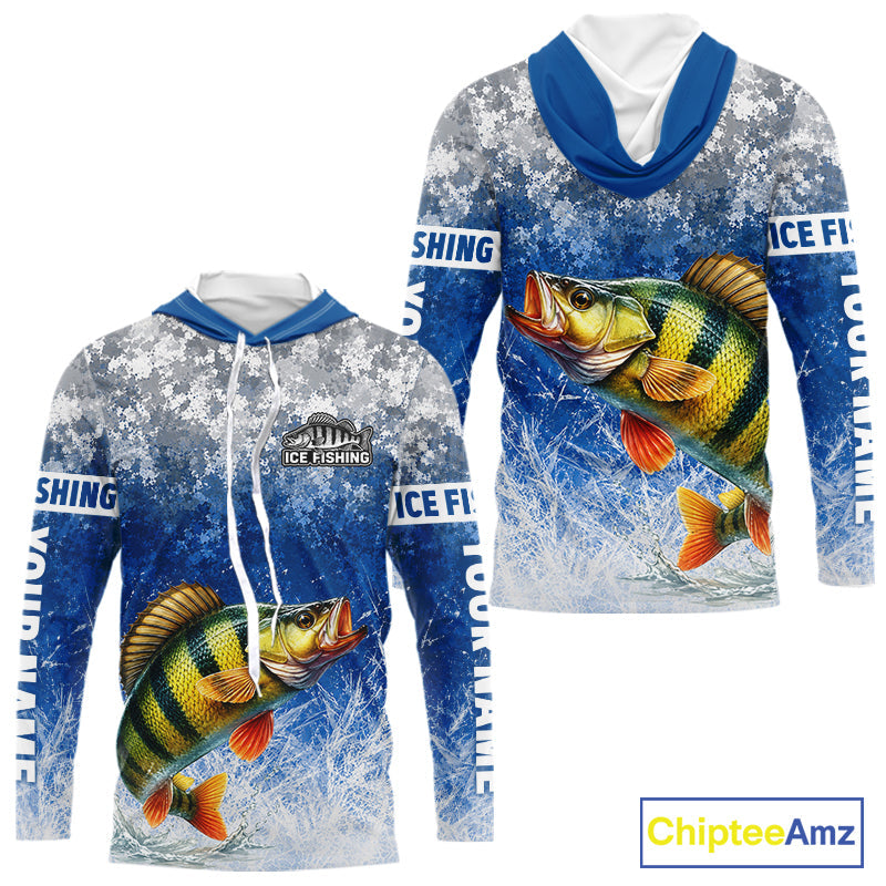 Ice Fishing Shirt With Yellow Perch & Winter Camo Design, Fishing Shirts Hooded Long Sleeve
