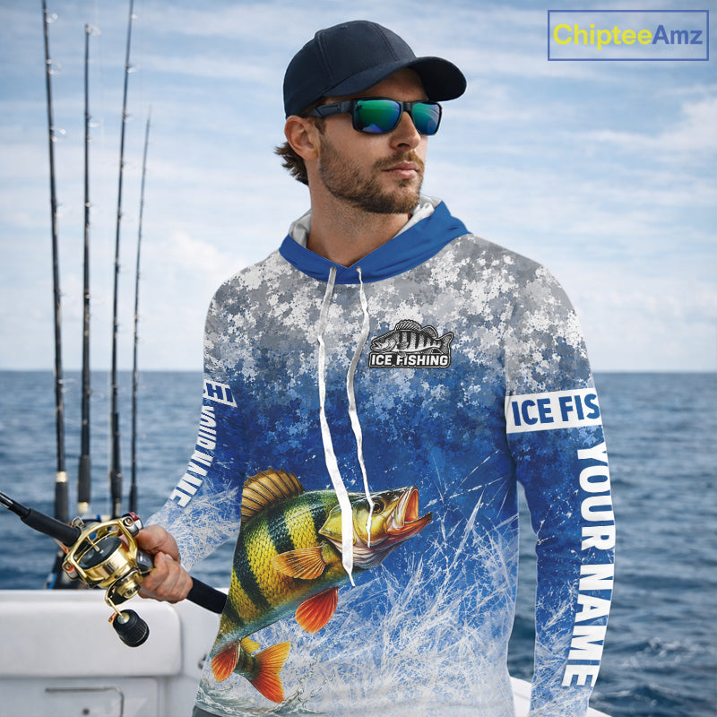 Ice Fishing Shirt With Yellow Perch & Winter Camo Design, Fishing Shirts Hooded Long Sleeve