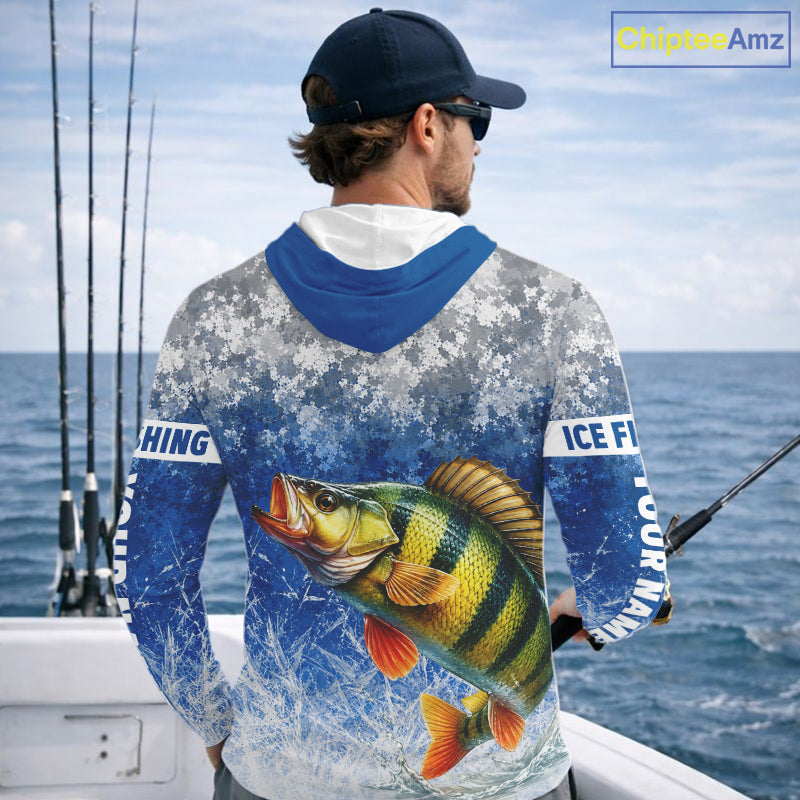 Ice Fishing Shirt With Yellow Perch & Winter Camo Design, Fishing Shirts Hooded Long Sleeve