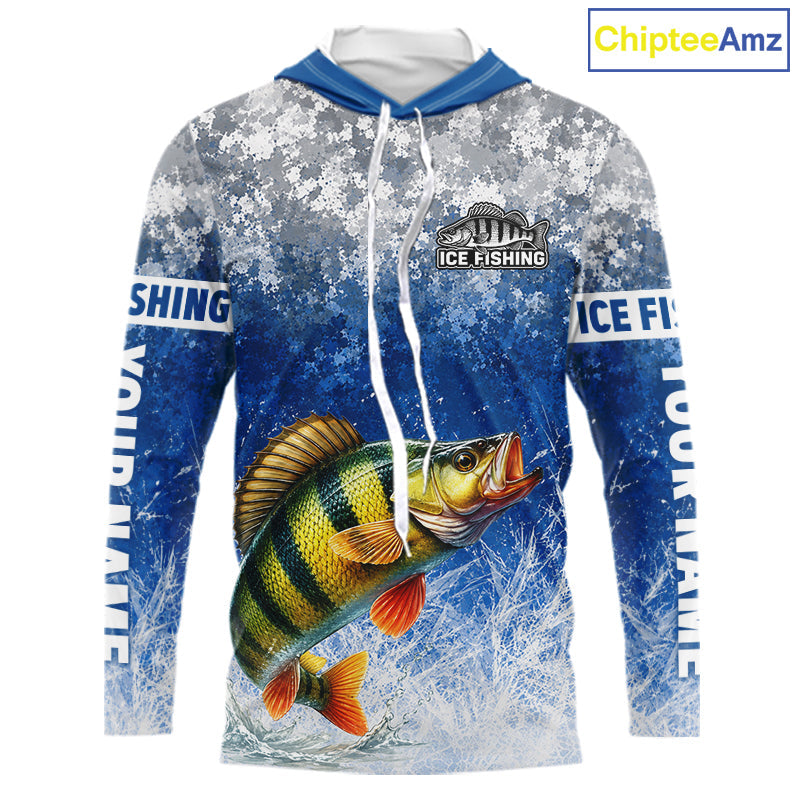 Ice Fishing Shirt With Yellow Perch & Winter Camo Design, Fishing Shirts Hooded Long Sleeve