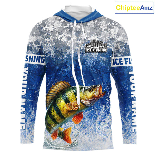 Ice Fishing Shirt With Yellow Perch & Winter Camo Design, Fishing Shirts Hooded Long Sleeve