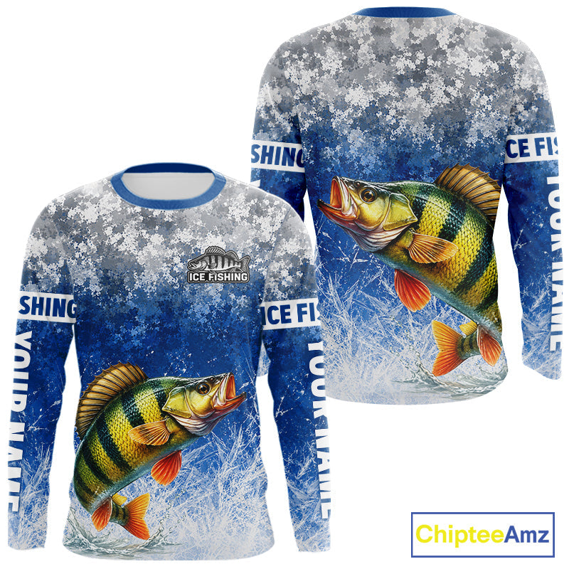 Ice Fishing Shirt With Yellow Perch & Winter Camo Design, Fishing Shirts Long Sleeve