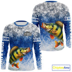 Ice Fishing Shirt With Yellow Perch & Winter Camo Design, Fishing Shirts Long Sleeve