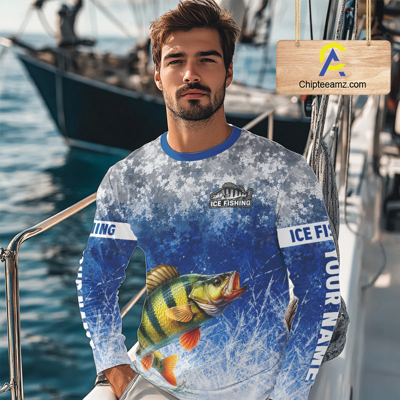 Ice Fishing Shirt With Yellow Perch & Winter Camo Design, Fishing Shirts Long Sleeve