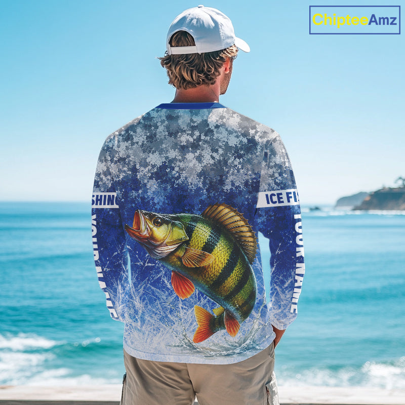 Ice Fishing Shirt With Yellow Perch & Winter Camo Design, Fishing Shirts Long Sleeve