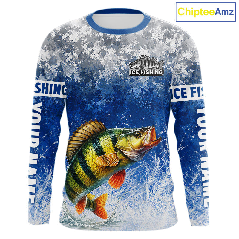 Ice Fishing Shirt With Yellow Perch & Winter Camo Design, Fishing Shirts Long Sleeve