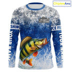 Ice Fishing Shirt With Yellow Perch & Winter Camo Design, Fishing Shirts Long Sleeve