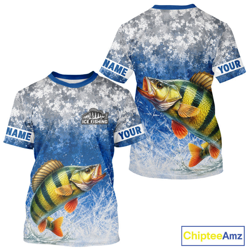 Ice Fishing Shirt With Yellow Perch & Winter Camo Design, Fishing Shirts Short Sleeve