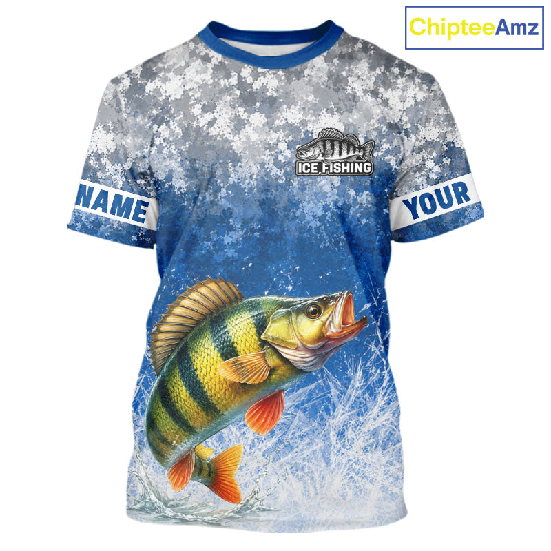 Ice Fishing Shirt With Yellow Perch & Winter Camo Design, Fishing Shirts Short Sleeve