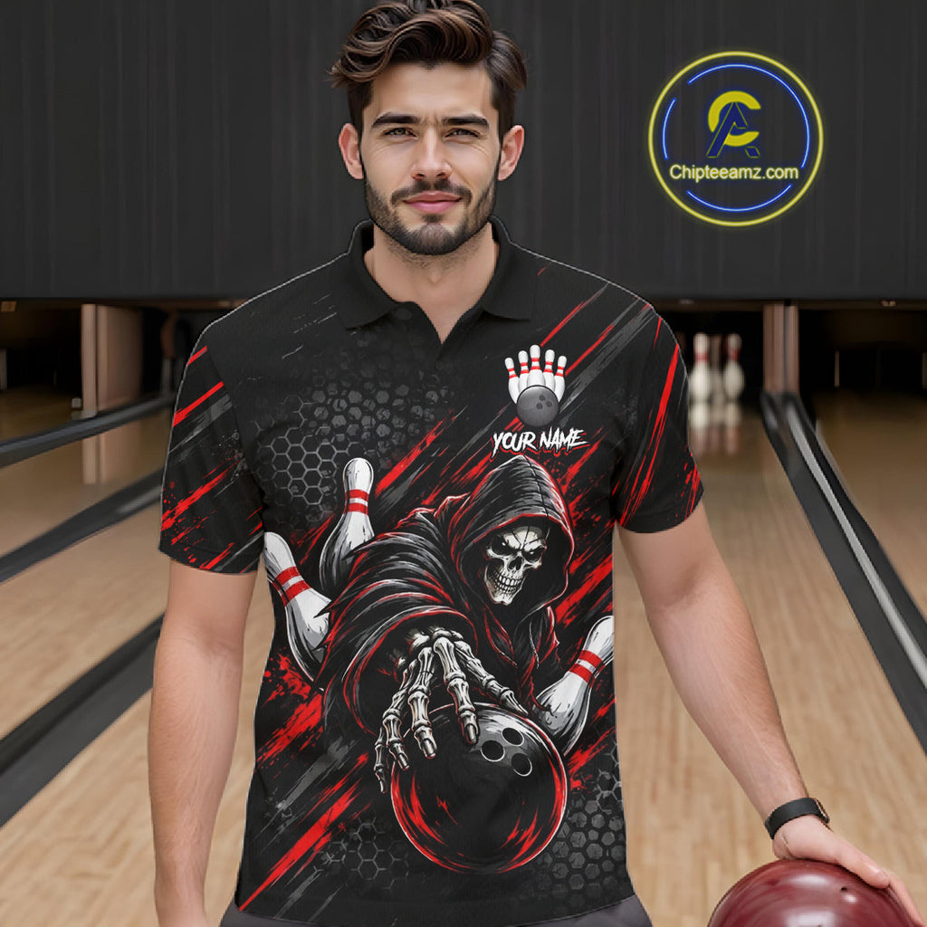 Custom Grim Reaper Bowling Shirt, Personalized Red Paint Splatter Bowling Ball Polo