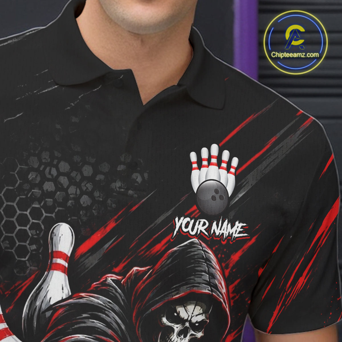 Custom Grim Reaper Bowling Shirt, Personalized Red Paint Splatter Bowling Ball Polo
