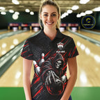 Custom Grim Reaper Bowling Shirt, Personalized Red Paint Splatter Bowling Ball Polo