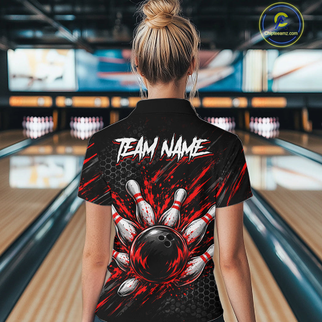 Custom Grim Reaper Bowling Shirt, Personalized Red Paint Splatter Bowling Ball Polo