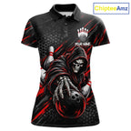 Custom Grim Reaper Bowling Shirt, Personalized Red Paint Splatter Bowling Ball Polo