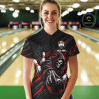 Custom Grim Reaper Bowling Shirt, Personalized Red Paint Splatter Bowling Ball Polo