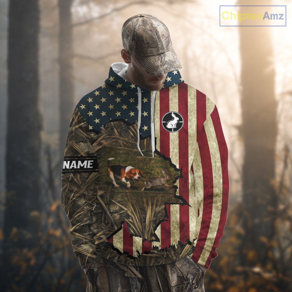 Beagle Dog Chasing Rabbit 3D American Flag Camo Custom Name Shirt, Rabbit Hunting Clothing