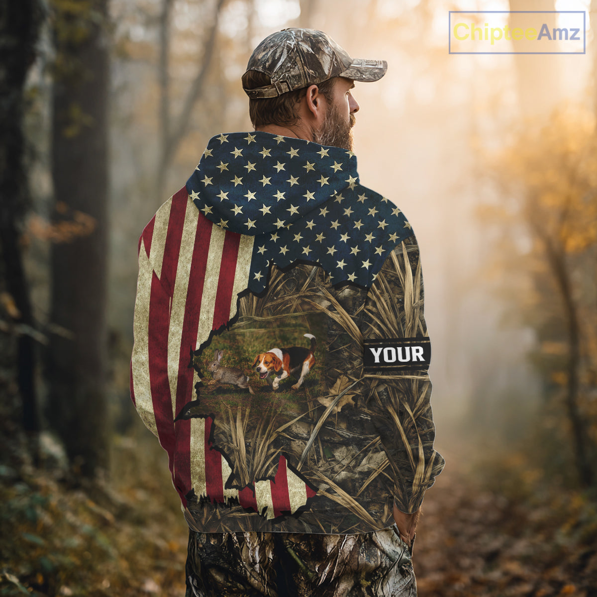 Beagle Dog Chasing Rabbit 3D American Flag Camo Custom Name Shirt, Rabbit Hunting Clothing