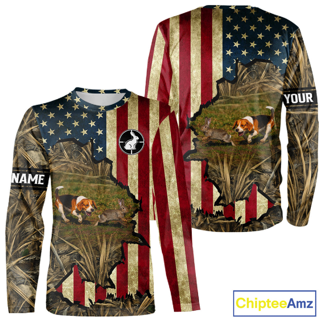 Beagle Dog Chasing Rabbit 3D American Flag Camo Custom Name Shirt, Rabbit Hunting Clothing