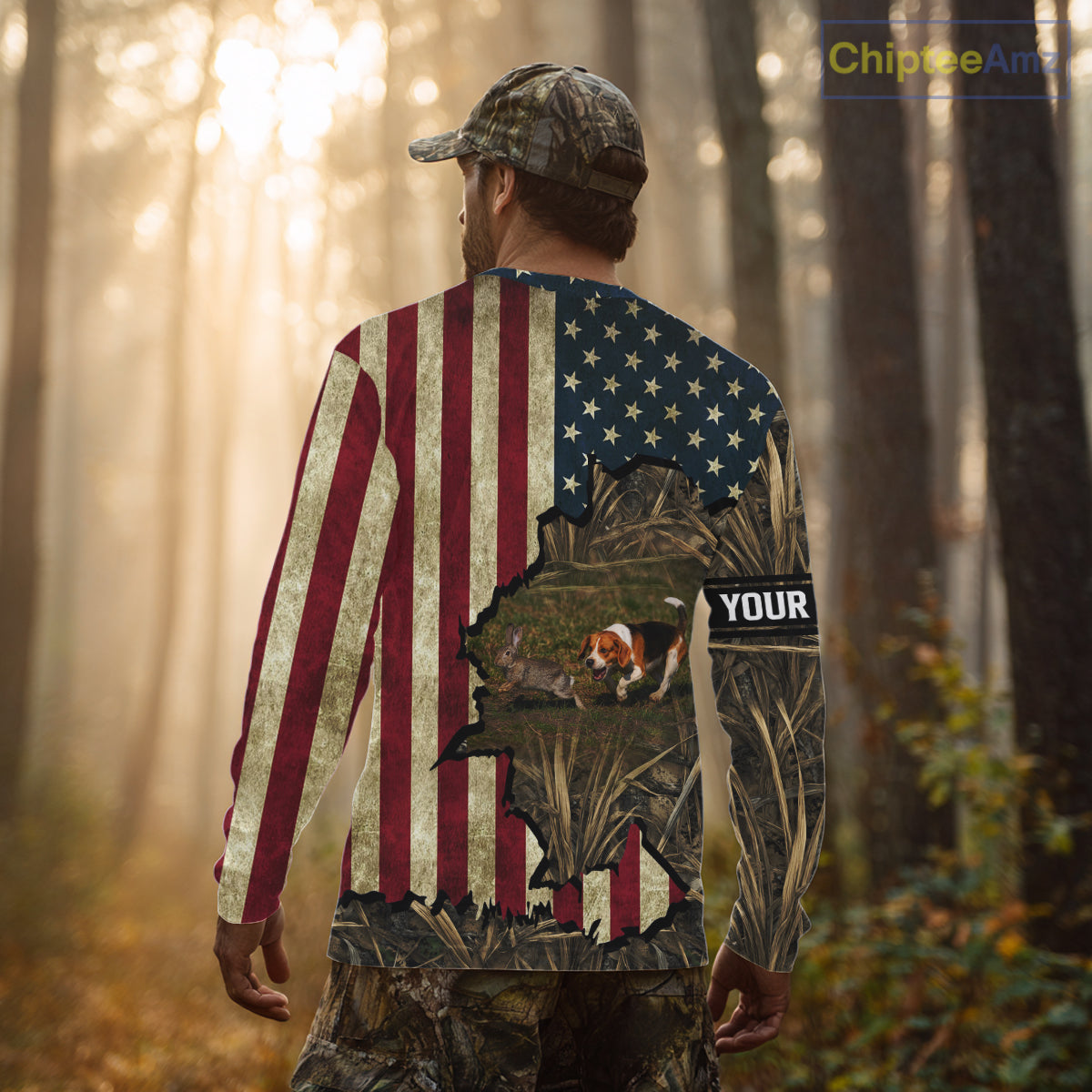 Beagle Dog Chasing Rabbit 3D American Flag Camo Custom Name Shirt, Rabbit Hunting Clothing