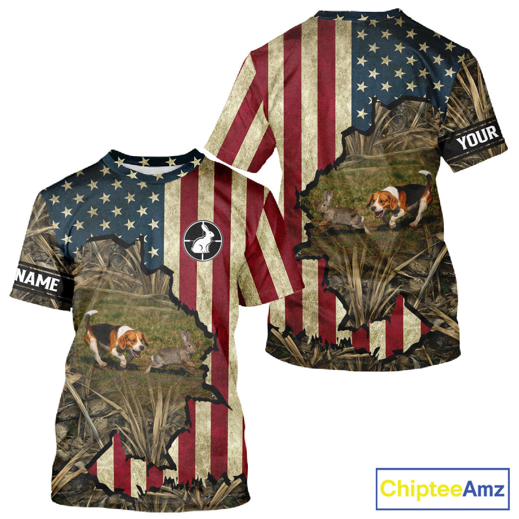 Beagle Dog Chasing Rabbit 3D American Flag Camo Custom Name Shirt, Rabbit Hunting Clothing