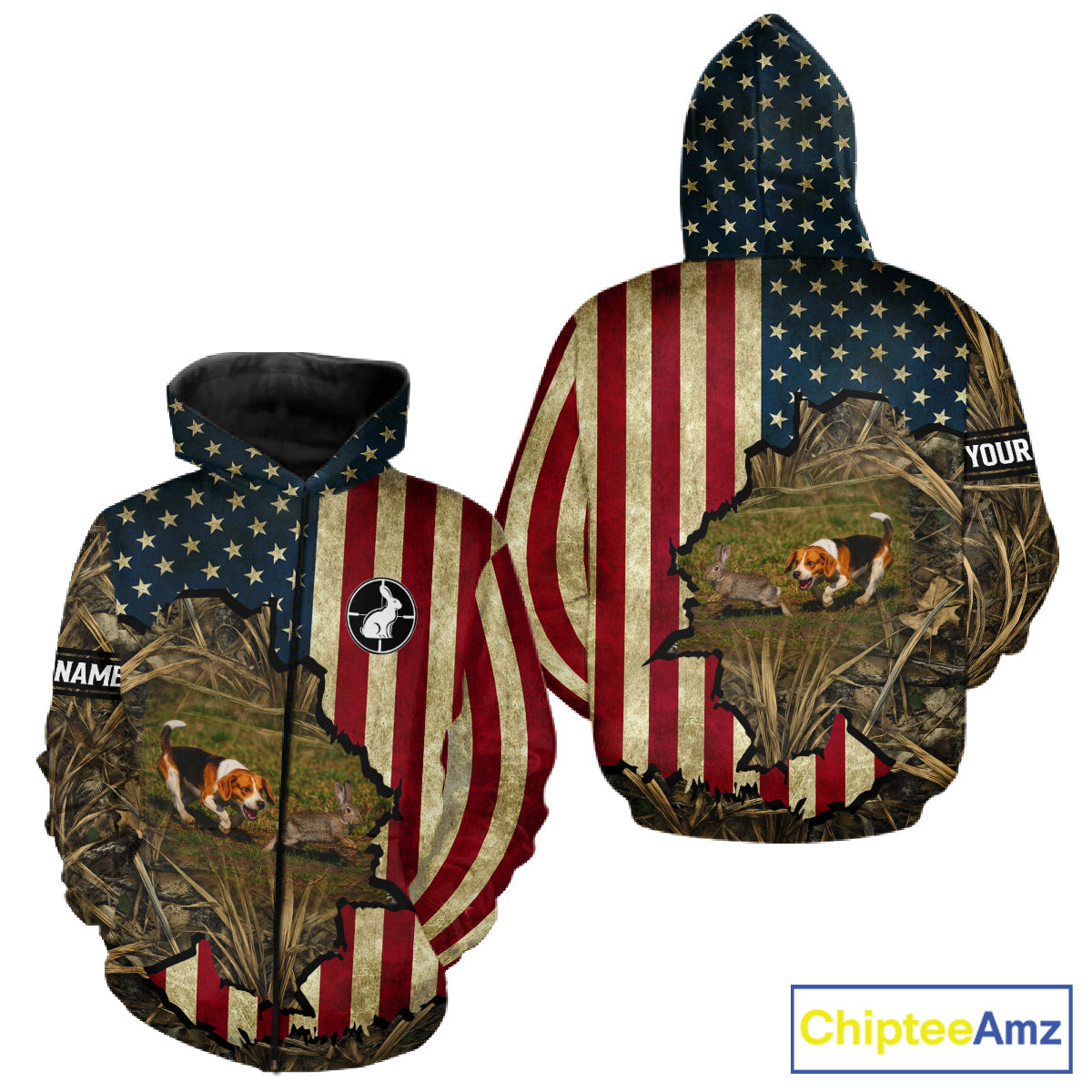 Beagle Dog Chasing Rabbit 3D American Flag Camo Custom Name Shirt, Rabbit Hunting Clothing