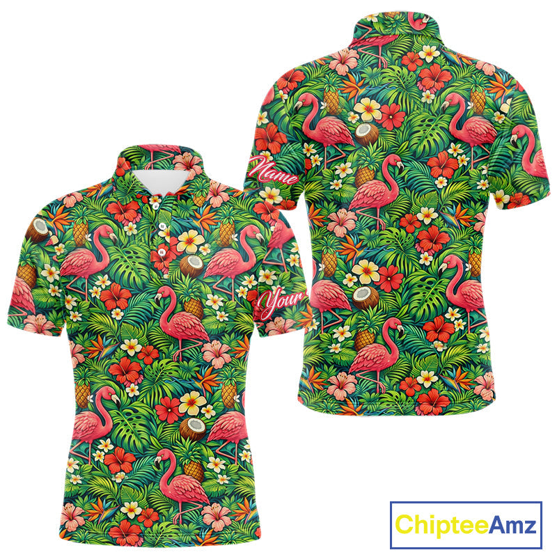 's Golf Polo Shirt Colorful Floral Flamingo Pattern Tropical Leaves Custom Name