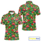 's Golf Polo Shirt Colorful Floral Flamingo Pattern Tropical Leaves Custom Name