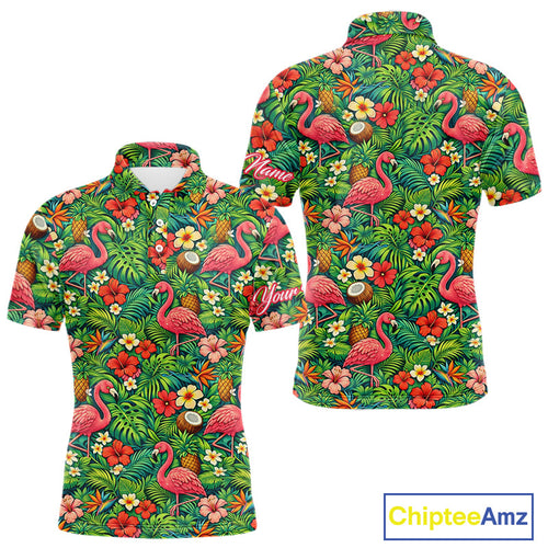 's Golf Polo Shirt Colorful Floral Flamingo Pattern Tropical Leaves Custom Name