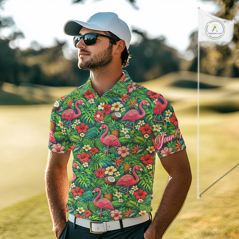 's Golf Polo Shirt Colorful Floral Flamingo Pattern Tropical Leaves Custom Name
