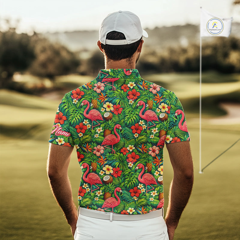 's Golf Polo Shirt Colorful Floral Flamingo Pattern Tropical Leaves Custom Name