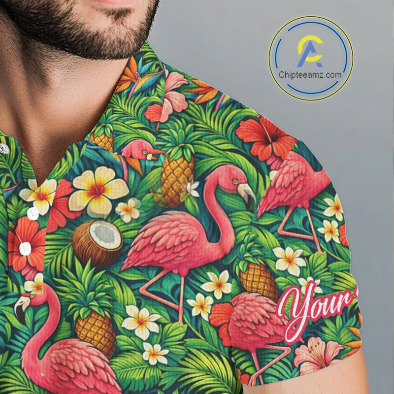 's Golf Polo Shirt Colorful Floral Flamingo Pattern Tropical Leaves Custom Name