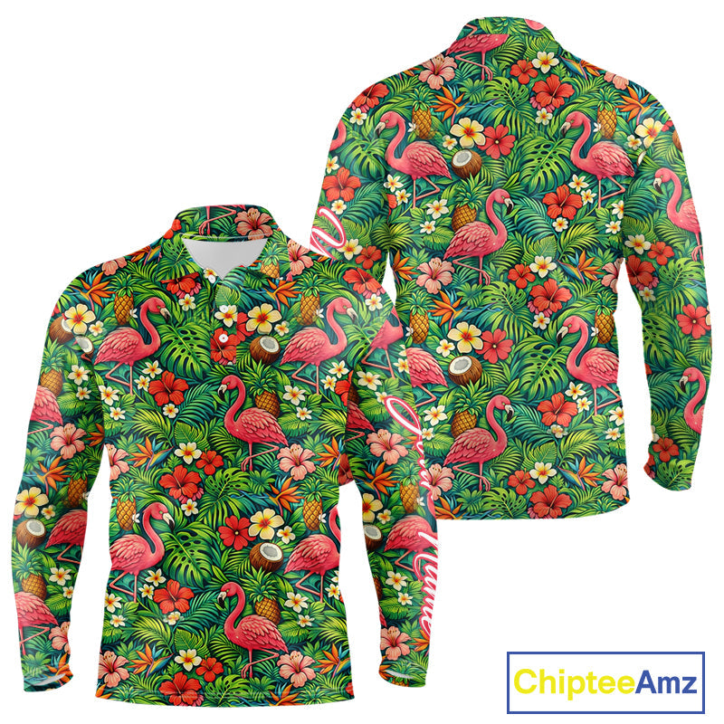 's Golf Polo Shirt Colorful Floral Flamingo Pattern Tropical Leaves Custom Name
