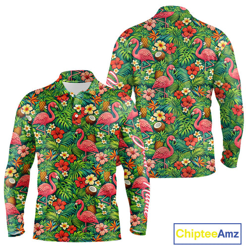 's Golf Polo Shirt Colorful Floral Flamingo Pattern Tropical Leaves Custom Name