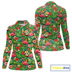 Golf Polo Shirt Colorful Floral Flamingo Pattern Tropical Leaves Custom Name
