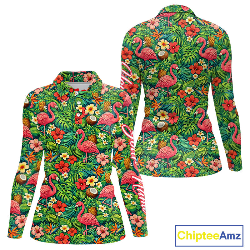 Golf Polo Shirt Colorful Floral Flamingo Pattern Tropical Leaves Custom Name