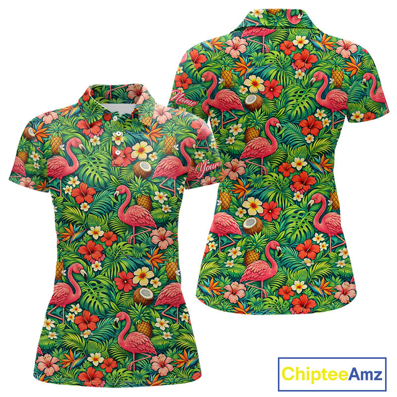 Golf Polo Shirt Colorful Floral Flamingo Pattern Tropical Leaves Custom Name