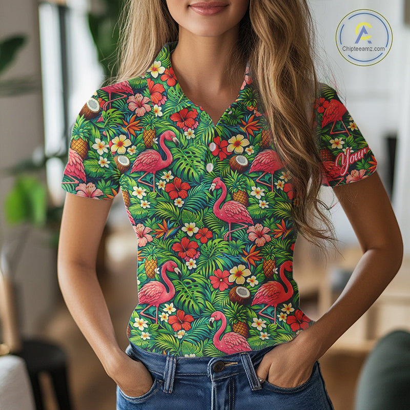 Golf Polo Shirt Colorful Floral Flamingo Pattern Tropical Leaves Custom Name