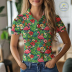 Golf Polo Shirt Colorful Floral Flamingo Pattern Tropical Leaves Custom Name